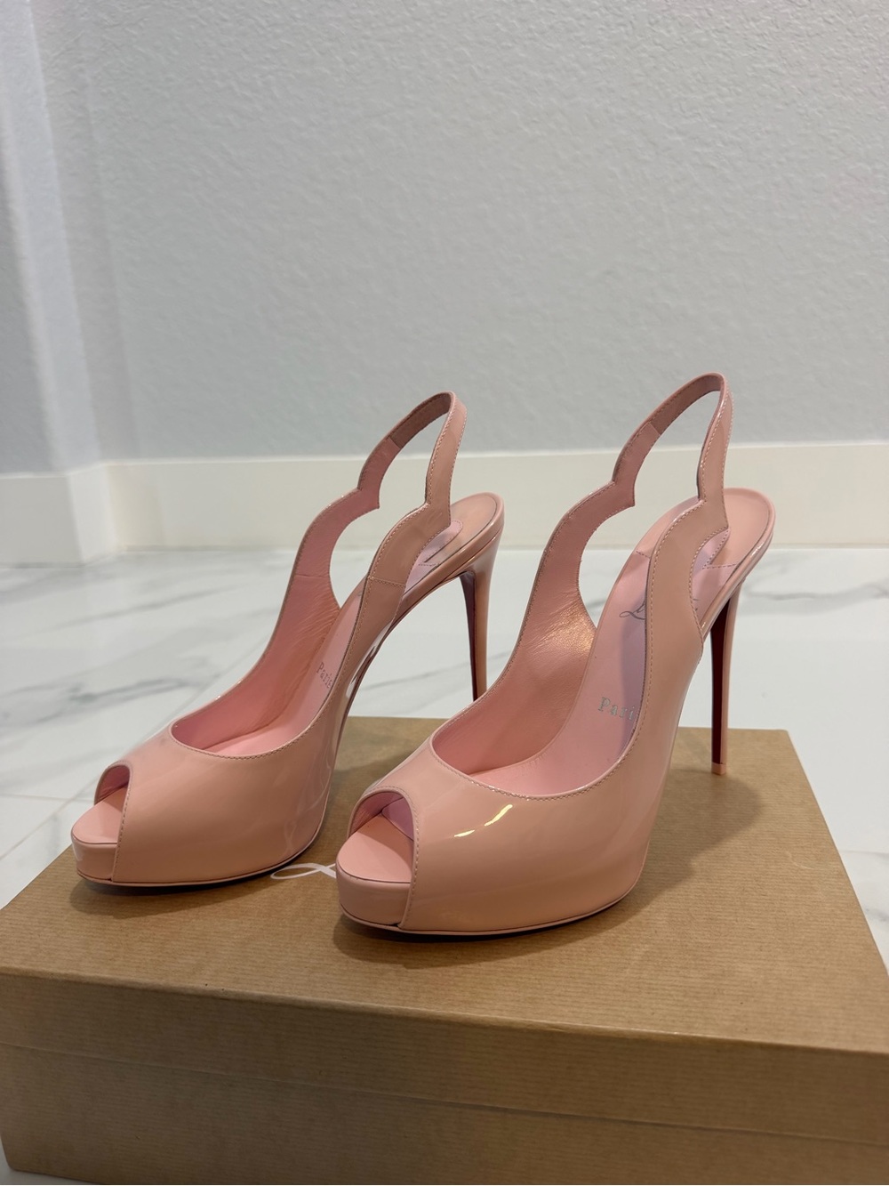 Christian Louboutin Blush Patent Leather Peep-Toe Slingbacks